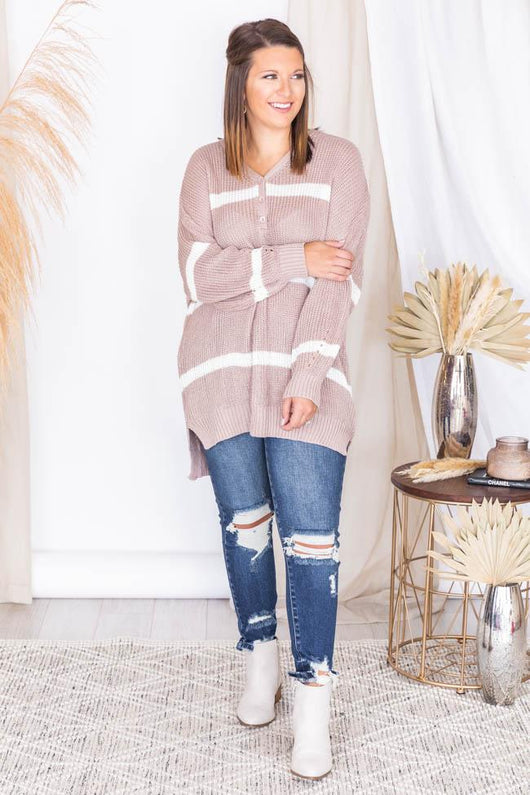 My Best Guess Taupe Striped Henley Sweater