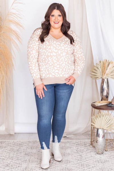 Need Inspiration Taupe Animal Print V-Neck Sweater