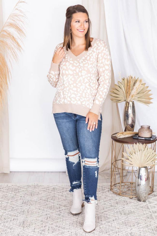 Need Inspiration Taupe Animal Print V-Neck Sweater