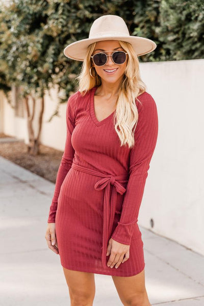 Spend The Weekend Ribbed Knit Mini Red Dress