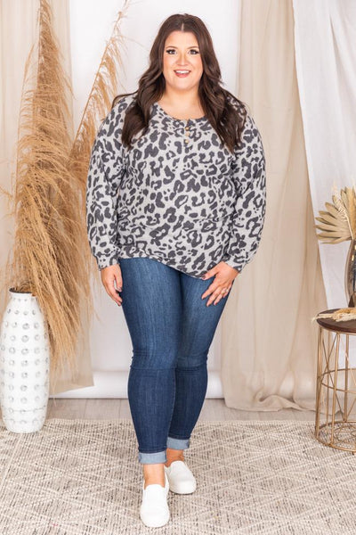 Don't Jinx It Grey Leopard Print Pullover