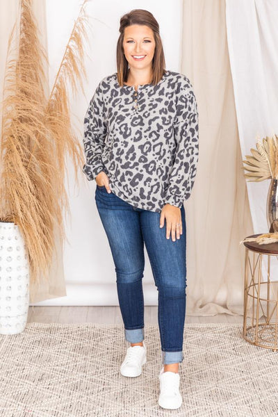 Don't Jinx It Grey Leopard Print Pullover