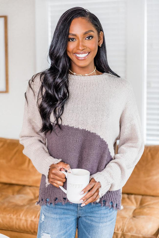 Uniquely Chic Plum Colorblock Distressed Sweater
