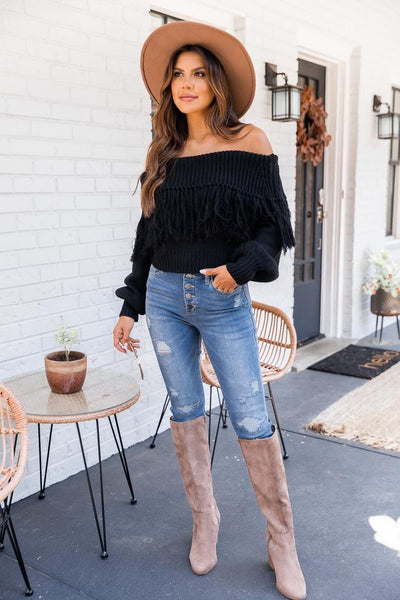Go Your Own Way Black Fringe Sweater