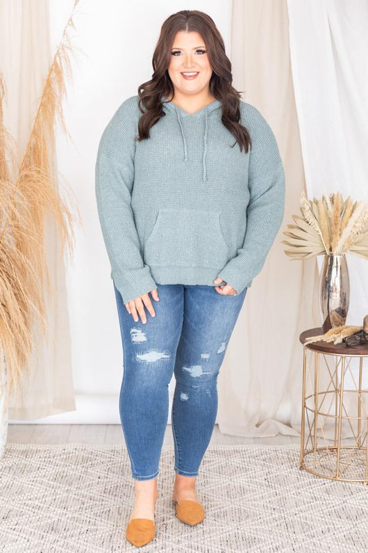 Stay For Hours Jade Waffle Hoodie Pullover