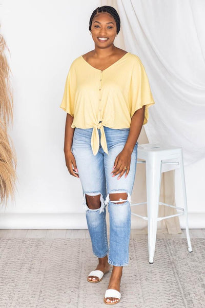 Never Telling Yellow Tie Front Ribbed Blouse