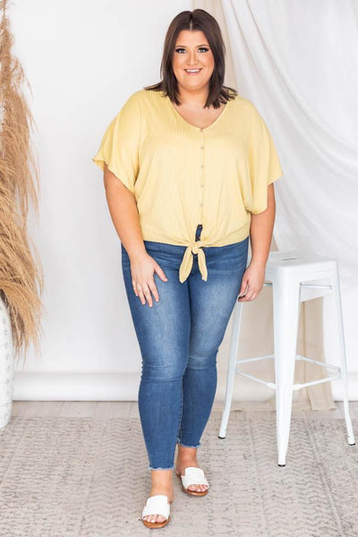 Never Telling Yellow Tie Front Ribbed Blouse