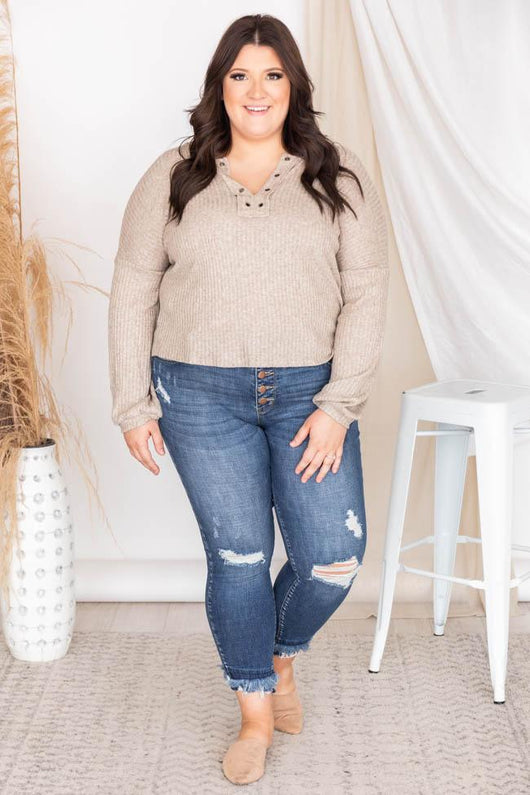 Lasting Words Split Taupe V-Neck Ribbed Blouse FINAL SALE