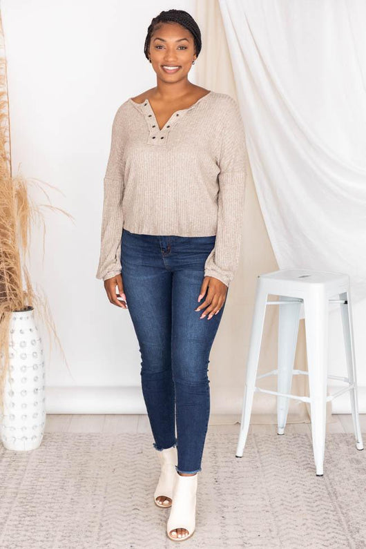 Lasting Words Split Taupe V-Neck Ribbed Blouse FINAL SALE
