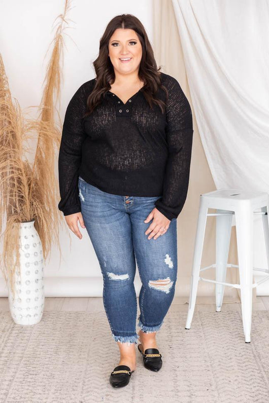 Lasting Words Split Black V-Neck Ribbed Blouse