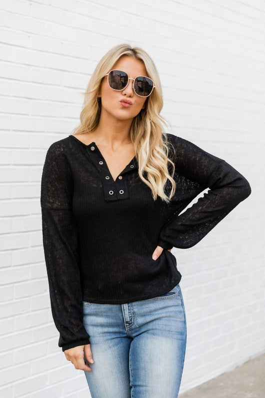 Lasting Words Split Black V-Neck Ribbed Blouse