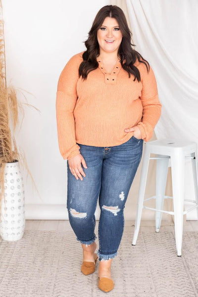 Lasting Words Split Orange V-Neck Ribbed Blouse FINAL SALE