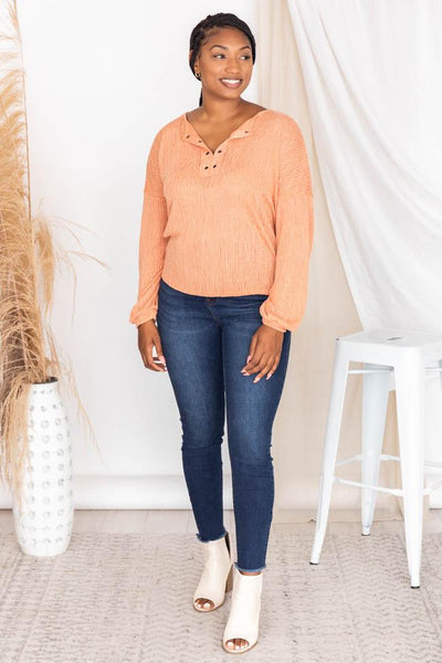 Lasting Words Split Orange V-Neck Ribbed Blouse FINAL SALE