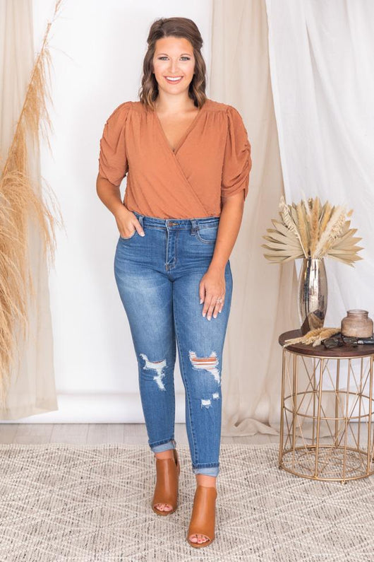 Live Extravagantly Rust Swiss Dot Wrap Bodysuit FINAL SALE