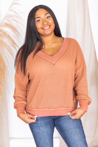 Outstanding Memory Rust V-Neck Waffle Knit Pullover FINAL SALE