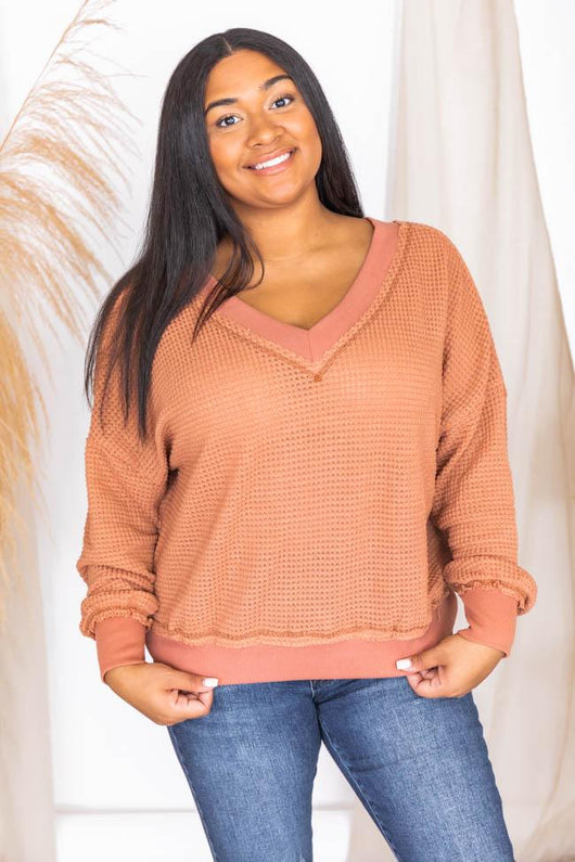 Outstanding Memory Rust V-Neck Waffle Knit Pullover FINAL SALE