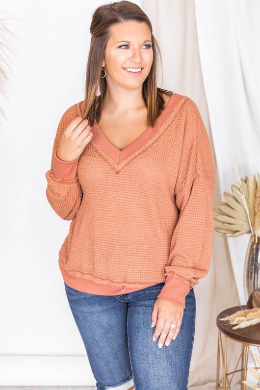 Outstanding Memory Rust V-Neck Waffle Knit Pullover FINAL SALE