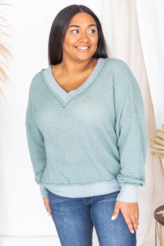 Outstanding Memory Sage V-Neck Waffle Knit Pullover
