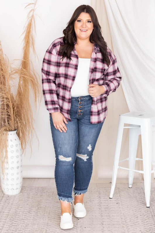 East To West Pink Plaid Button Up Blouse
