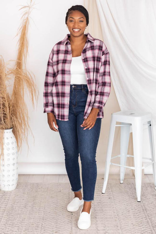 East To West Pink Plaid Button Up Blouse