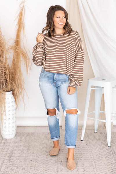 Sunday Stroll Brown Striped Long Sleeve Blouse FINAL SALE