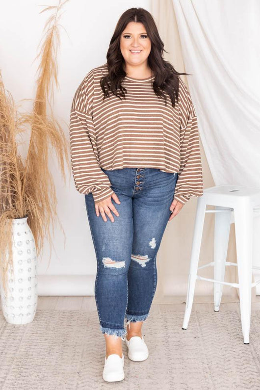 Sunday Stroll Brown Striped Long Sleeve Blouse FINAL SALE