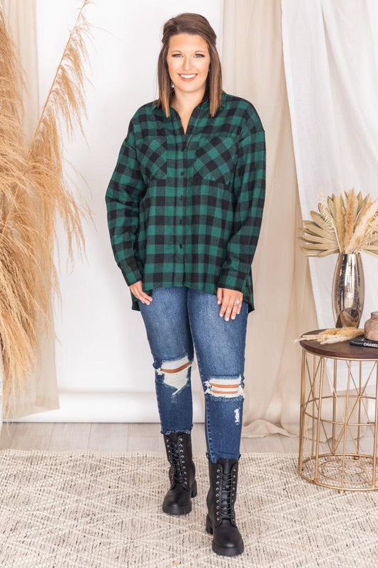 Northern Sky Green Buffalo Plaid Button Up Blouse