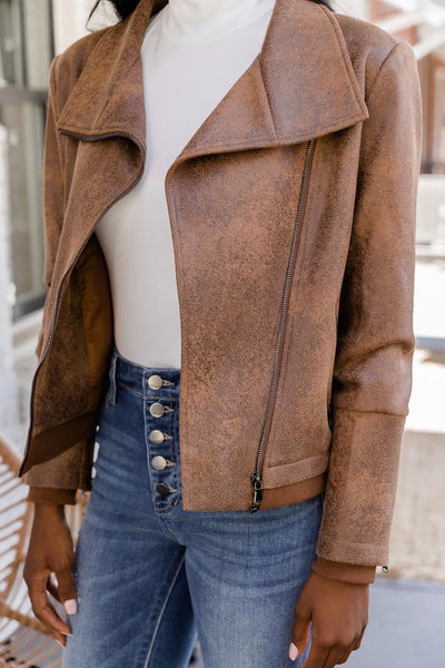 Desirable Heart Brown Faux Leather Moto Jacket