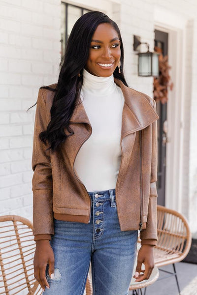 Desirable Heart Brown Faux Leather Moto Jacket