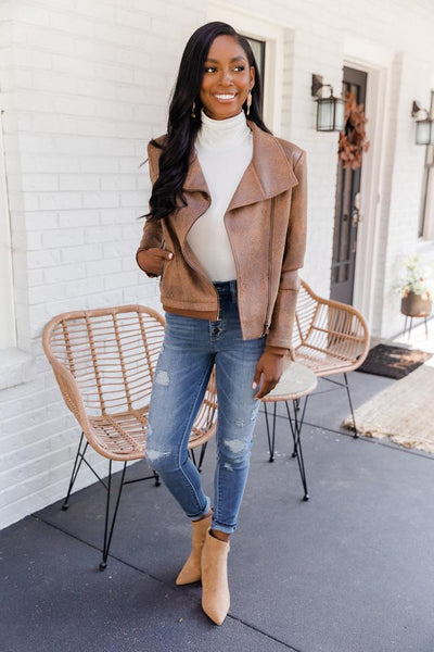 Desirable Heart Brown Faux Leather Moto Jacket