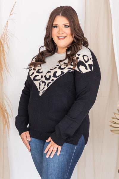 See Our Future Black Animal Print Colorblock Sweater