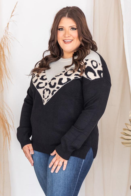 See Our Future Black Animal Print Colorblock Sweater