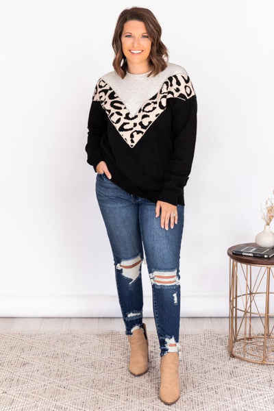 See Our Future Black Animal Print Colorblock Sweater
