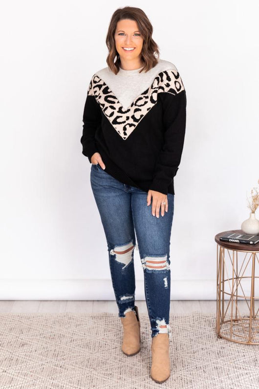 See Our Future Black Animal Print Colorblock Sweater