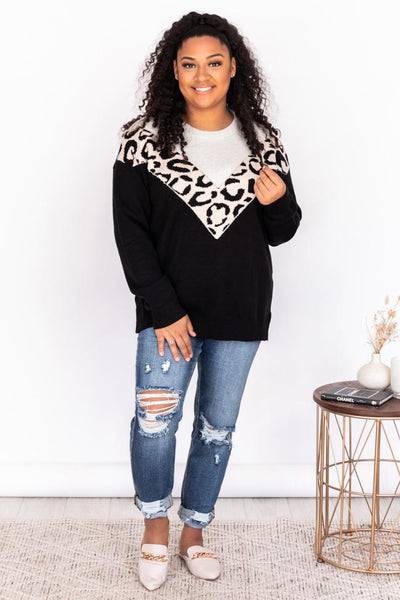 See Our Future Black Animal Print Colorblock Sweater