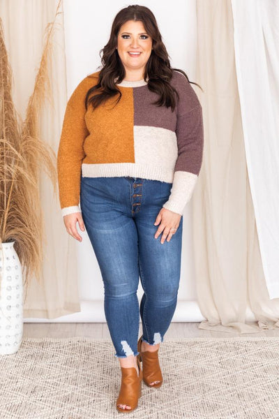 Gossip Queen Beige/Rust Colorblock Sweater FINAL SALE