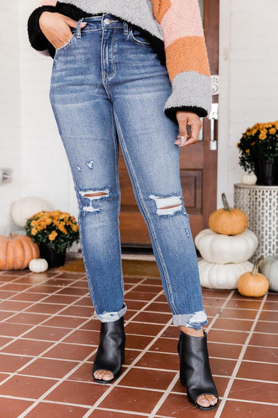 Ember Dark Wash Cuffed Hem Distressed Mom Jeans