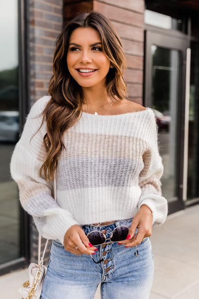 You're Forever Ivory/Taupe Crop Stripe Sweater
