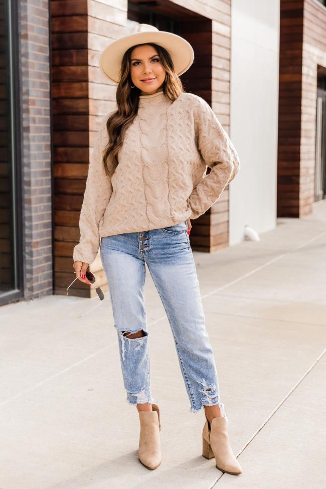 Visions Of Us Taupe Mock Neck Cable Knit Sweater