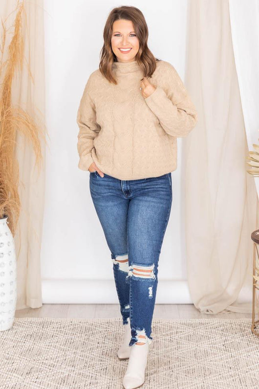 Visions Of Us Taupe Mock Neck Cable Knit Sweater