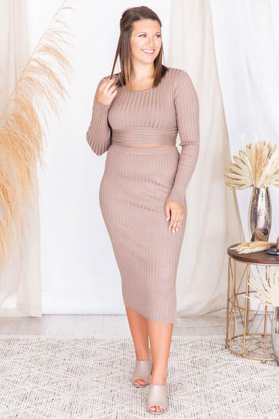 Escape The Night Mocha Ribbed Midi Skirt