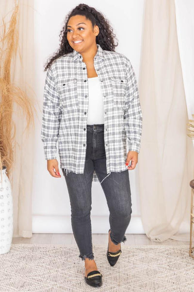 Whatever It takes Ivory Frayed Hem Plaid Blouse