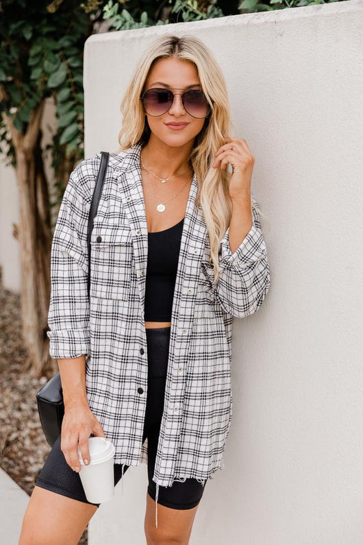 Whatever It takes Ivory Frayed Hem Plaid Blouse
