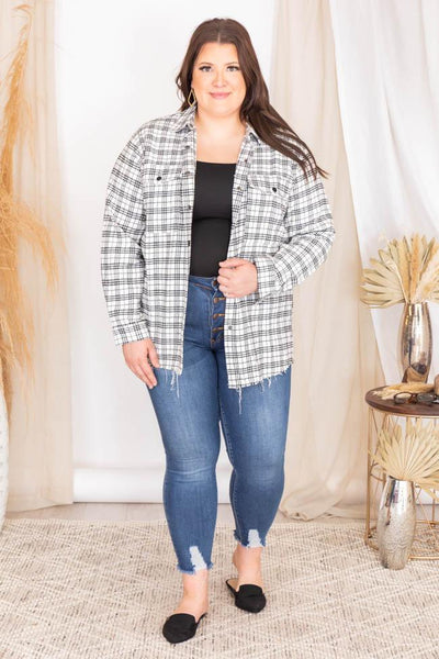 Whatever It takes Ivory Frayed Hem Plaid Blouse