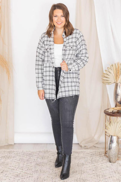 Whatever It takes Ivory Frayed Hem Plaid Blouse