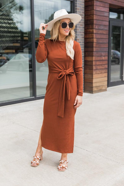 How've You Been Rust Ribbed Midi Dress FINAL SALE