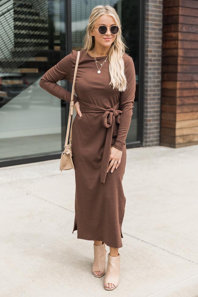 How've You Been Brown Ribbed Midi Dress FINAL SALE