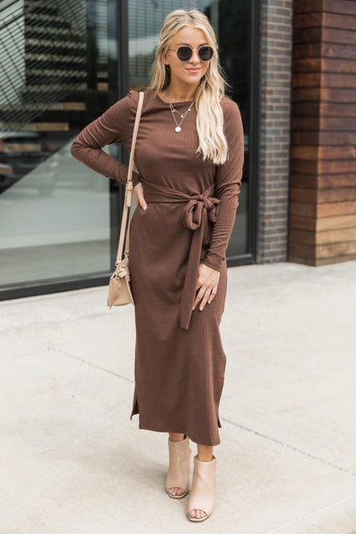 How've You Been Brown Ribbed Midi Dress FINAL SALE