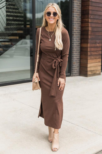 How've You Been Brown Ribbed Midi Dress FINAL SALE