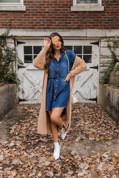 Listening Closely Dark Wash Tie Waist Chambray Dress